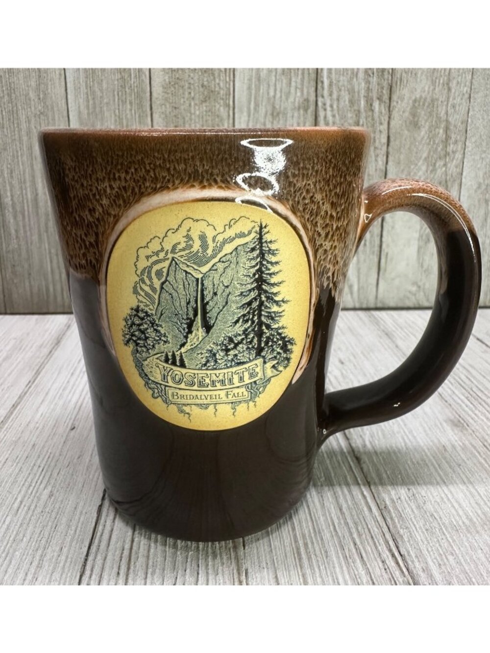 Deneen Pottery Yosemite Bridalveil Coffee Tea Mug Cup Brown 2023 USA 4.5" Tall